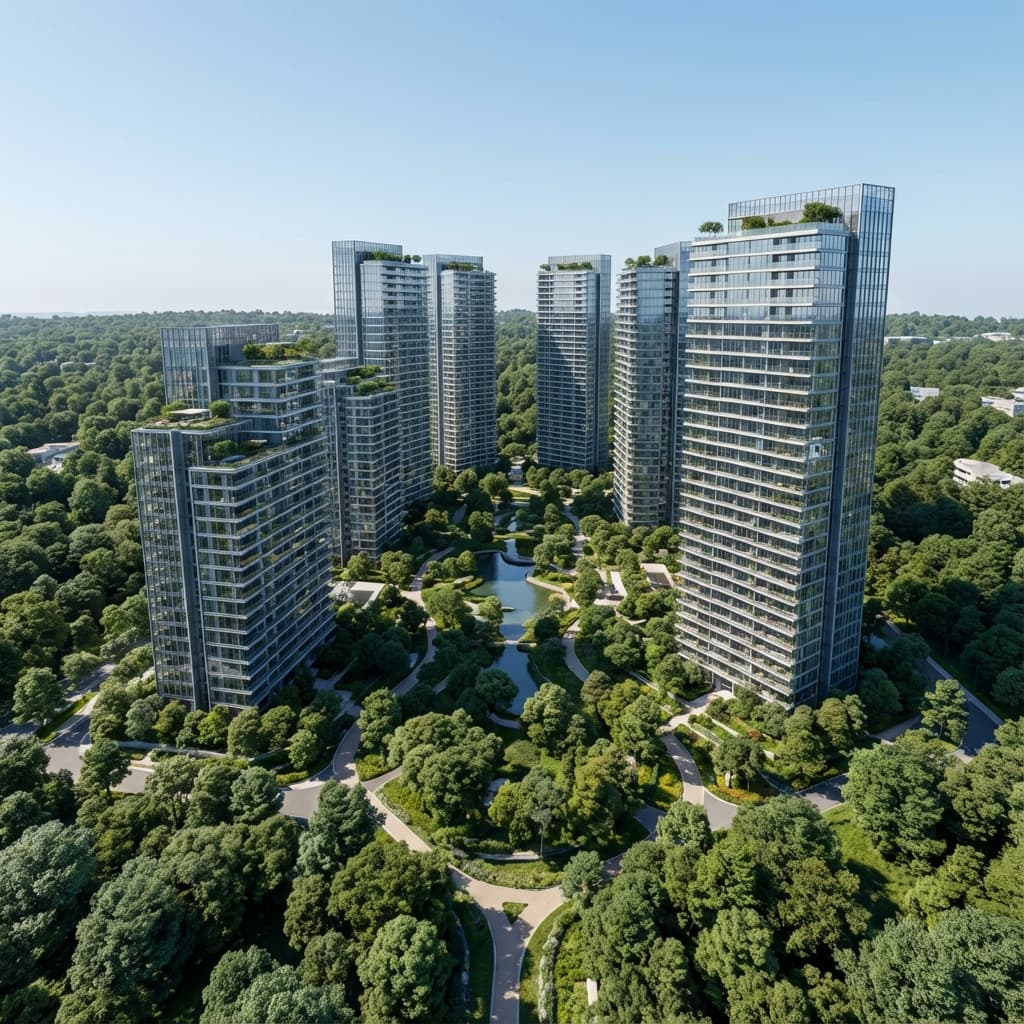 Aerial view of Sowparnika Rhythm of Rain towers with offer text