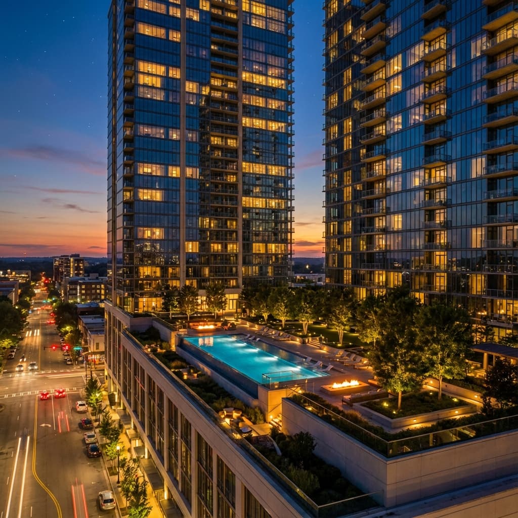 Evening view of landscaped podium and towers with zero pre-EMI offer